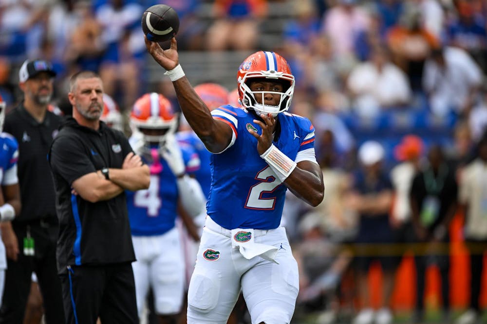 <p>Florida Gators quarterback DJ Lagway (2) throws the ball during warmups before a football game between the Texas Longhorns and the Florida Gators on Saturday, Oct. 4, 2025, at Ben Hill Griffin Stadium in Gainesville, Fla.</p>