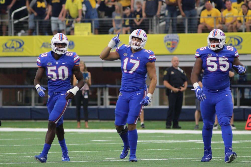 Jordan Sherit (17) gets ready on defense during Florida's 33-17 loss against Michigan on Sept. 2, 2017, at AT&amp;T Stadium in Arlington, Texas.