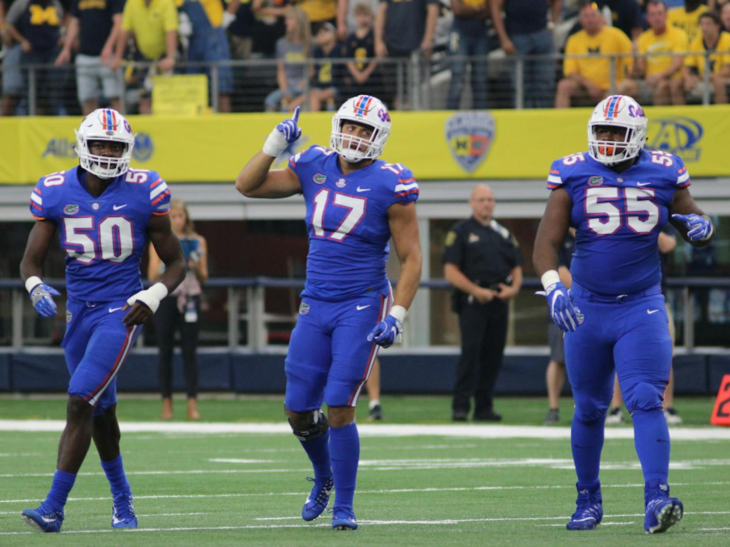 Jordan Sherit (17) gets ready on defense during Florida's 33-17 loss against Michigan on Sept. 2, 2017, at AT&T Stadium in Arlington, Texas.