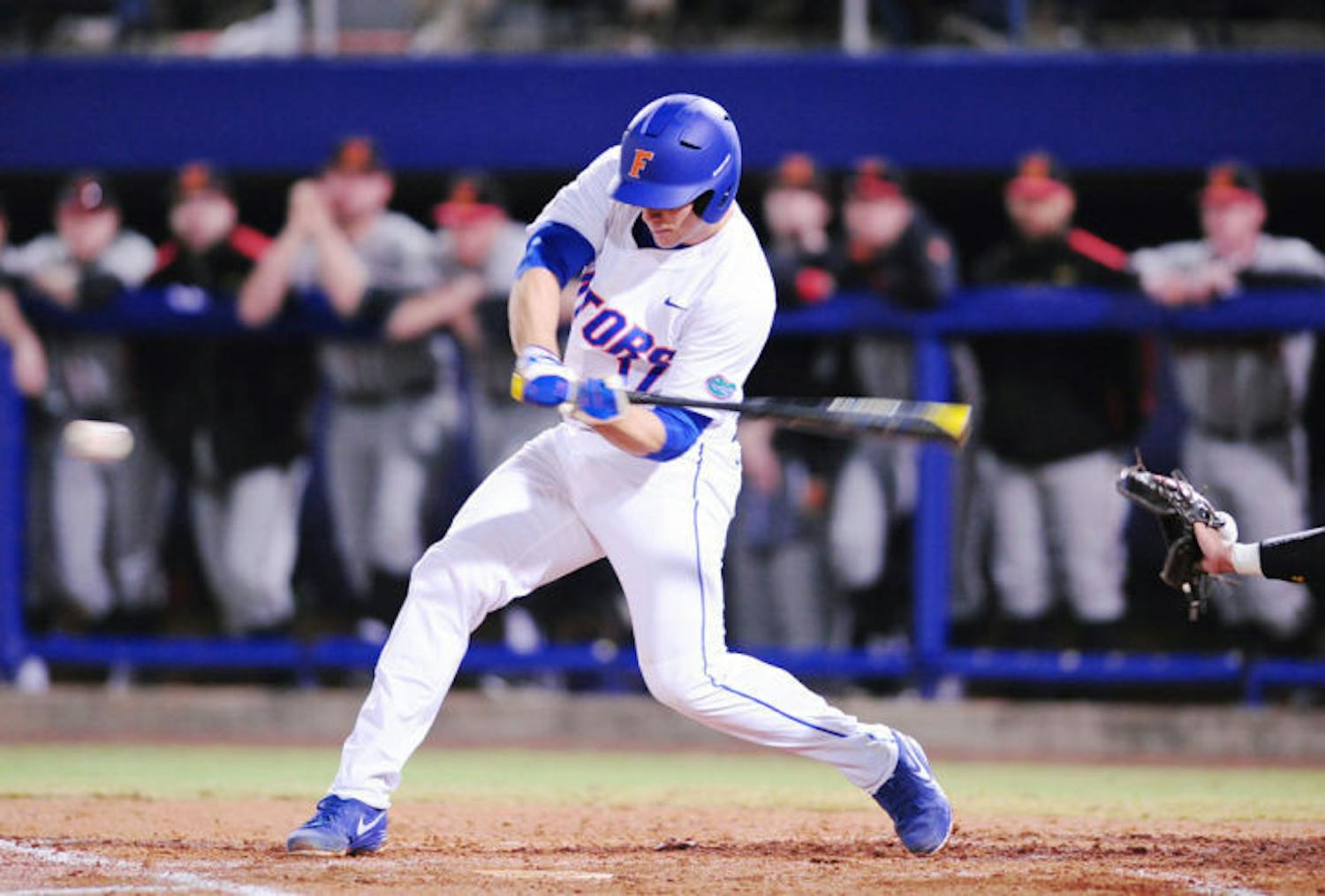 Taylor Gushue swings at a pitch during Florida’s 4-0 win against Maryland on Friday at McKethan Stadium.&nbsp;