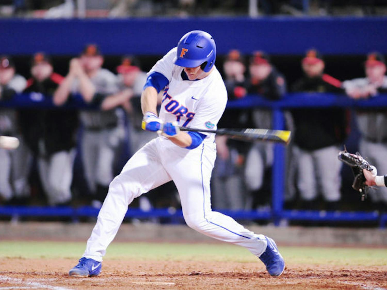 Taylor Gushue swings at a pitch during Florida’s 4-0 win against Maryland on Friday at McKethan Stadium.&nbsp;