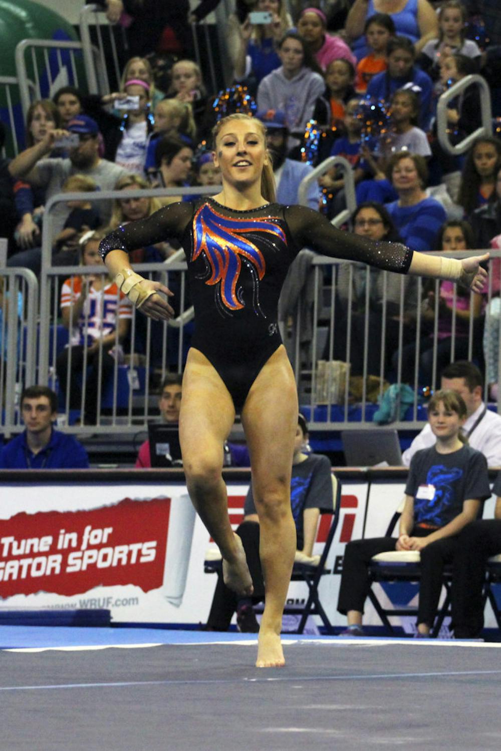 <p>Alex McMurtry performs on floor during Florida's loss to LSU on Feb. 26, 2016 in the O'Connell Center.</p>