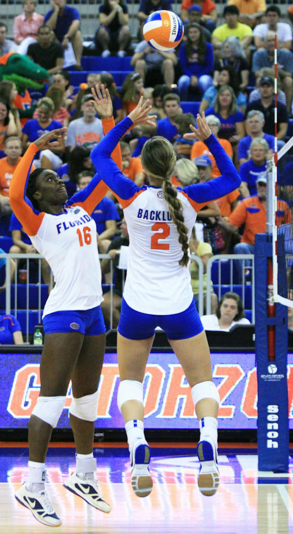 <p>Simone Antwi (16) receives a pass from Dana Backlund (2) during UF’s 3-0 win against Jacksonville on Sept. 7, 2012, in the Stephen C. O'Connell Center.</p><div> </div>