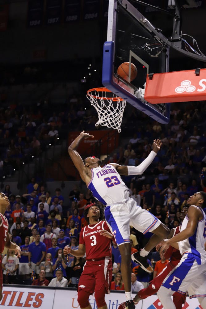 Sophomore guard Scottie Lewis at last year&#x27;s game against Arkansas. Lewis scored 16 points and dished out five assists in a winning effort Wednesday.
