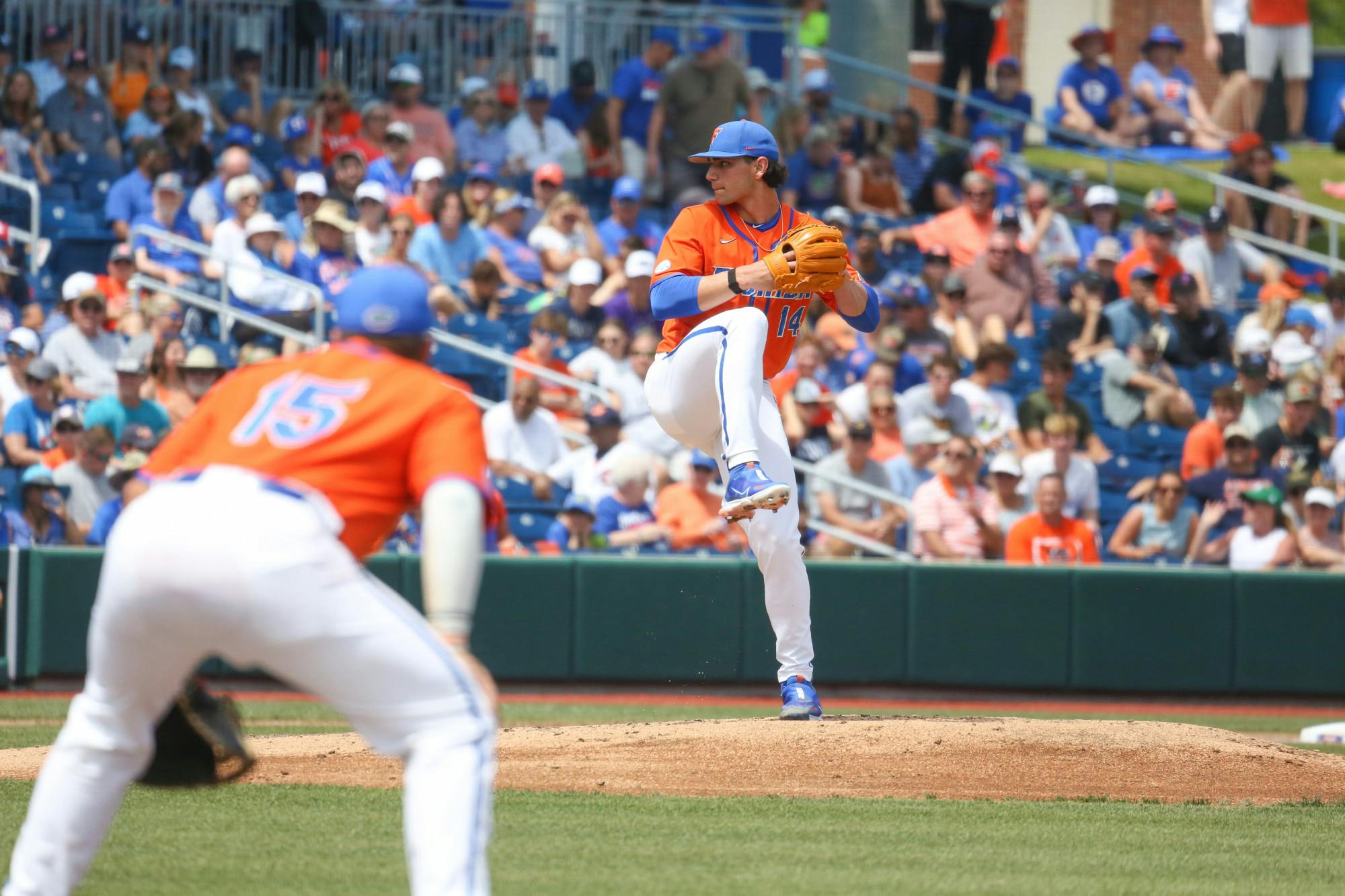 Florida pitcher Jac Caglianone pitches the ball during the Gators' 17-8 victory against the Auburn Tigers Sunday, April 2, 2023. 