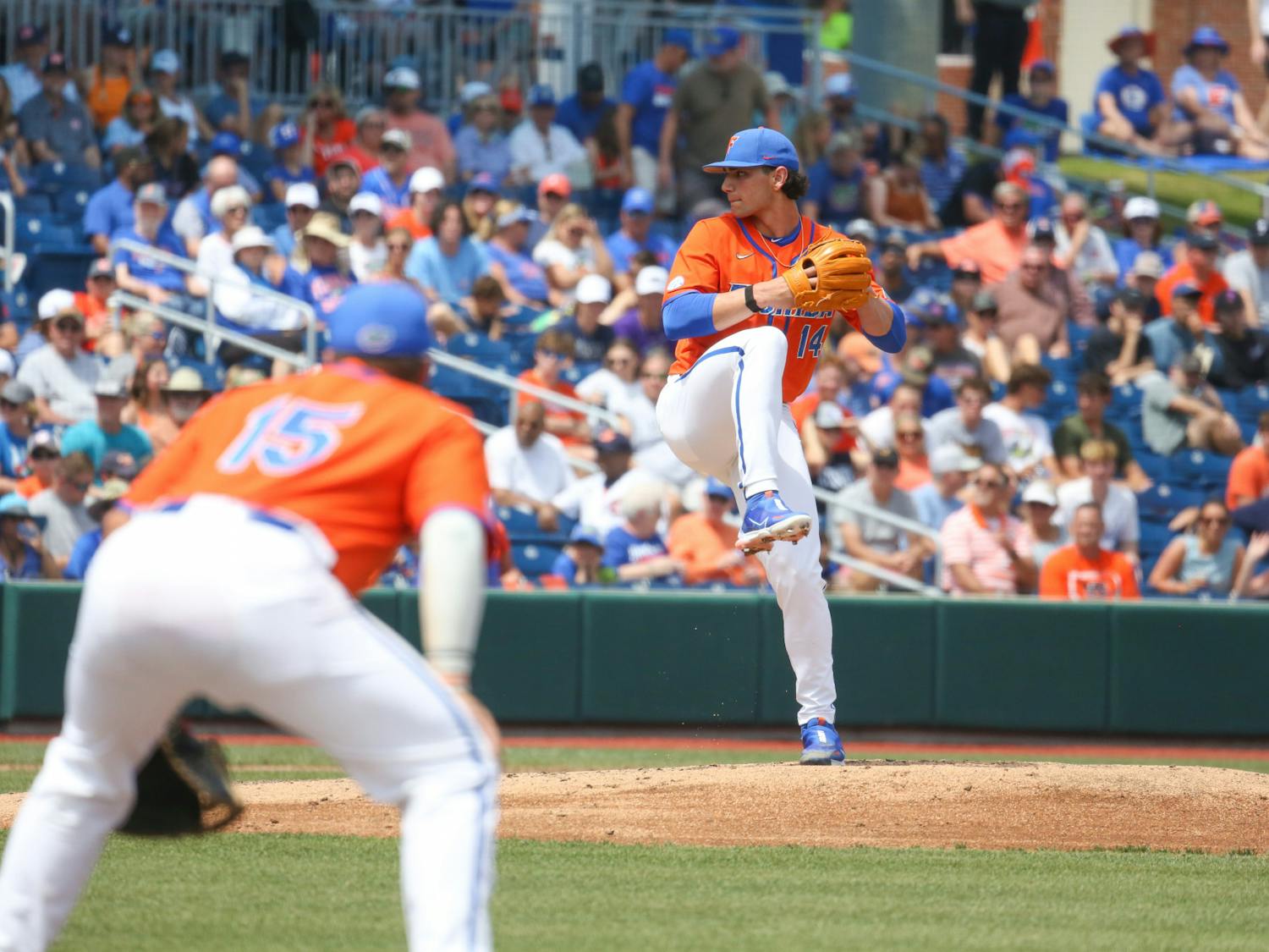 Florida pitcher Jac Caglianone pitches the ball during the Gators' 17-8 victory against the Auburn Tigers Sunday, April 2, 2023. 