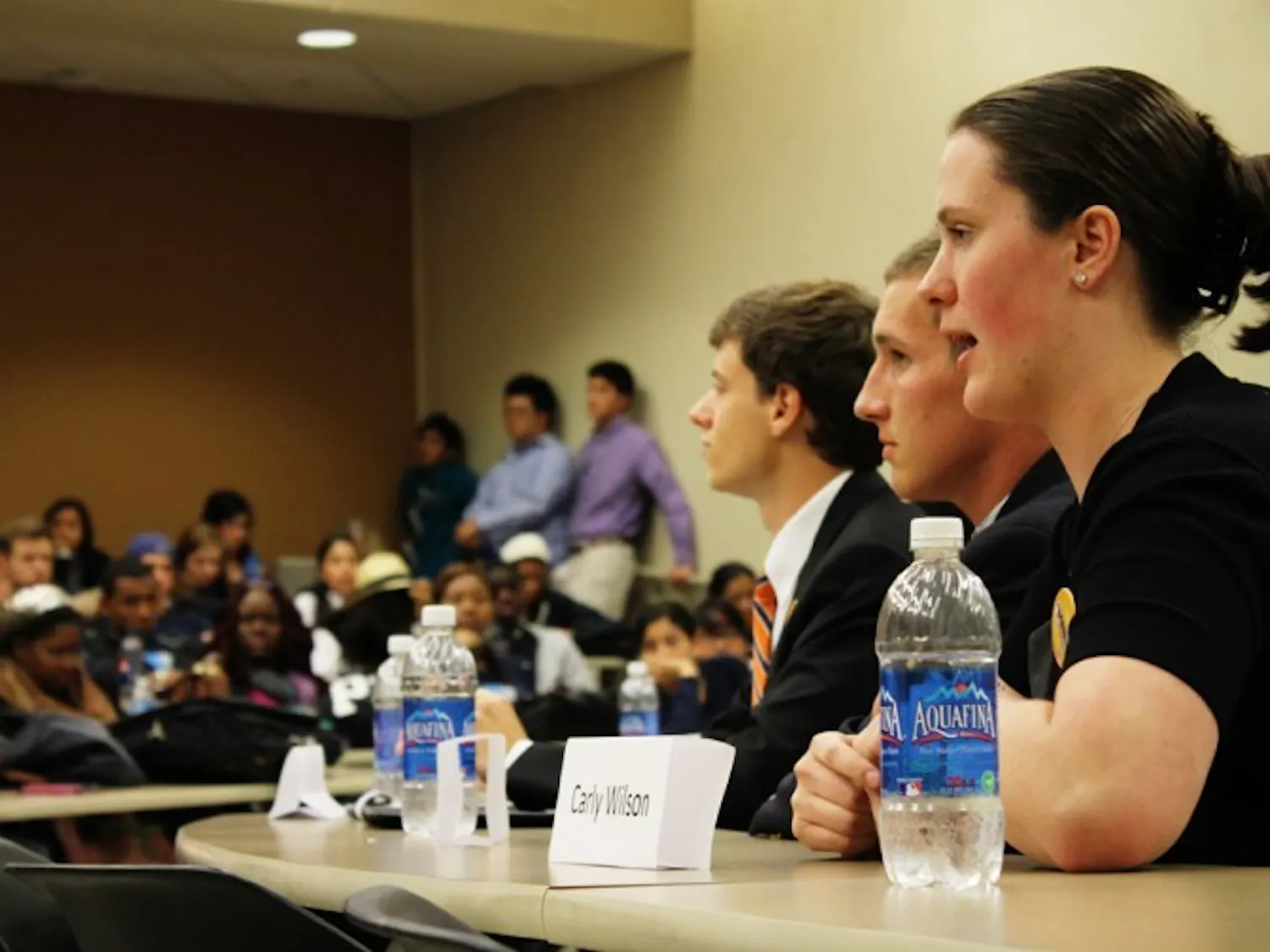 Sen. Carly Wilson, Students Party treasurer candidate, speaks at the third annual Asian American Student Union Student Government Debate on Monday night.