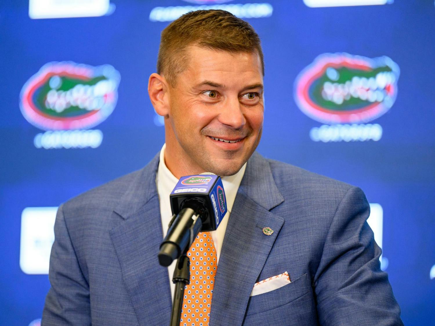 Florida head coach Jon Sumrall speaks during his introductory press conference at Heavener Football Training Center in Gainesville, Fla., Monday, Dec. 1, 2025.