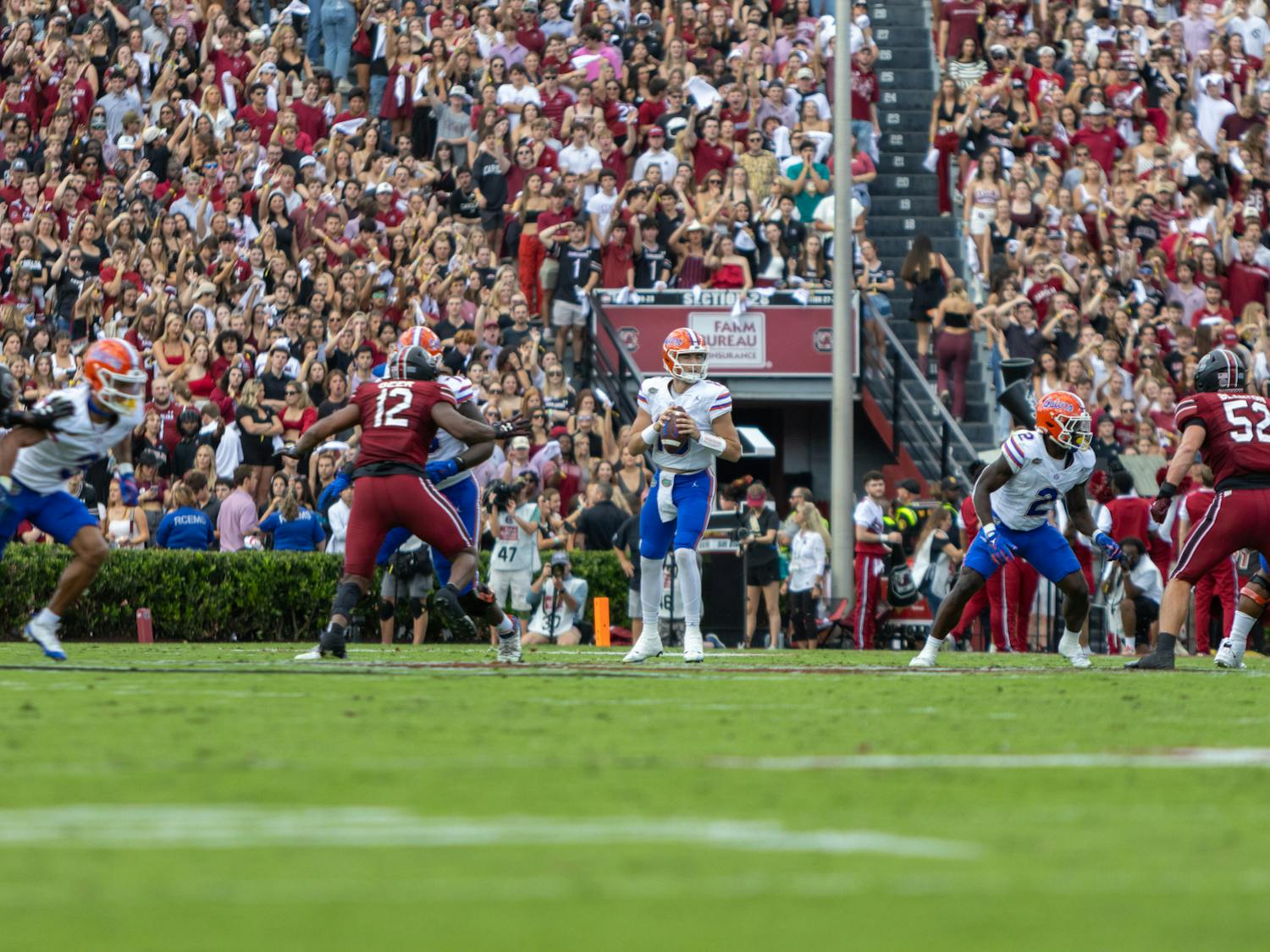 Redshirt junior quarterback Graham Mertz sits in the pocket in the Gators' 41-39 win against the South Carolina Gamecocks on Saturday, Oct. 14, 2023.