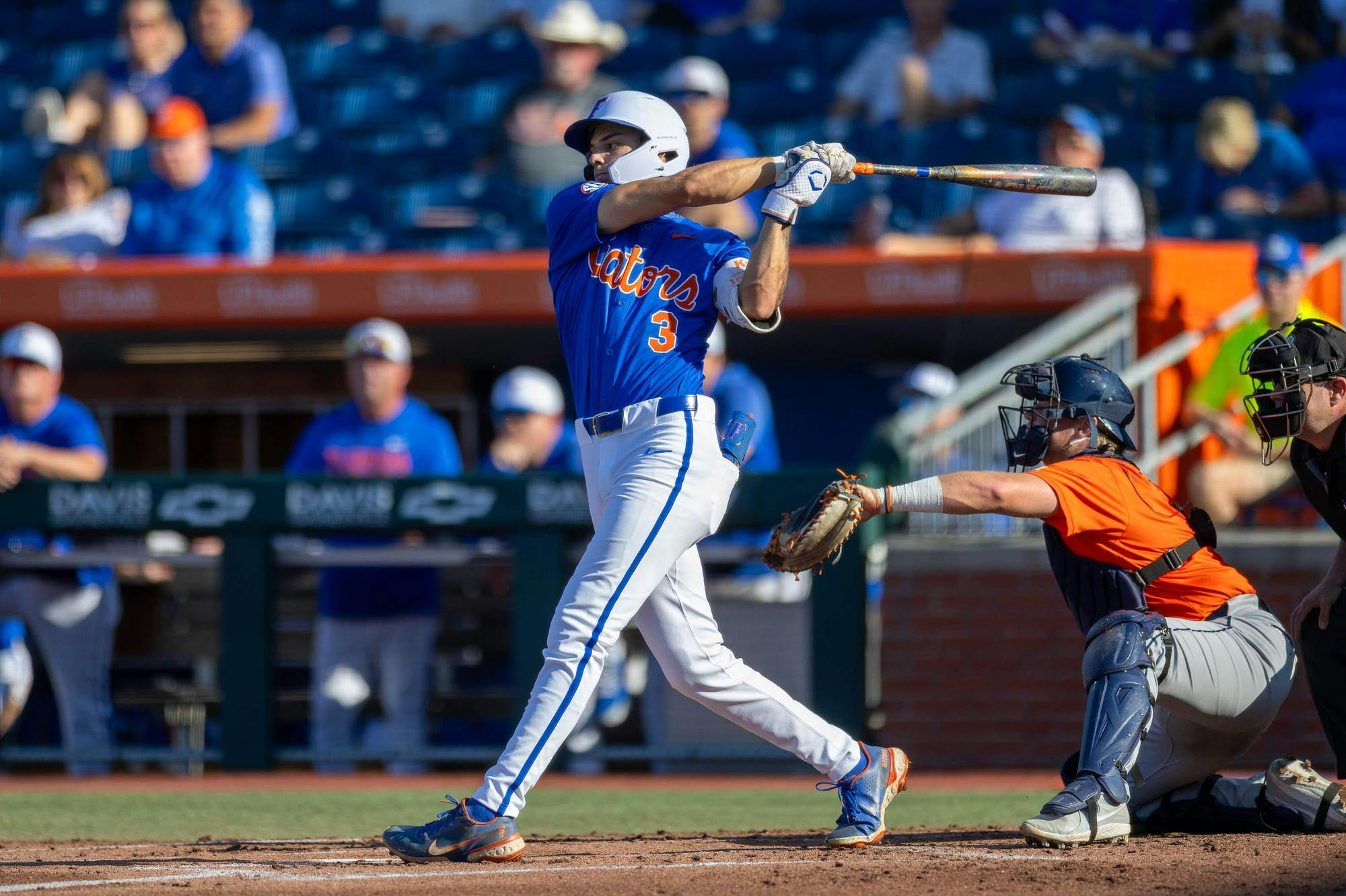 Florida outfielder Kyle Jones (3) hits during an NCAA college baseball game against Auburn at Condron Family Ballpark in Gainesville, Fla., Friday, April 17, 2026.