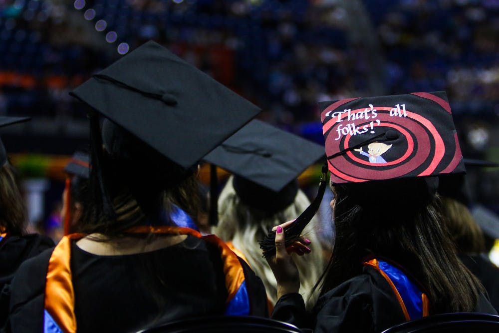 <p><span id="docs-internal-guid-9f833122-7fff-2900-64b5-e2bb6884b95c"><span>A new graduate of the University of Florida watches the remainder of the ceremony while wearing a graduation cap with the Porky Pig quote, “That’s all, folks,” from Looney Tunes.</span></span></p>
