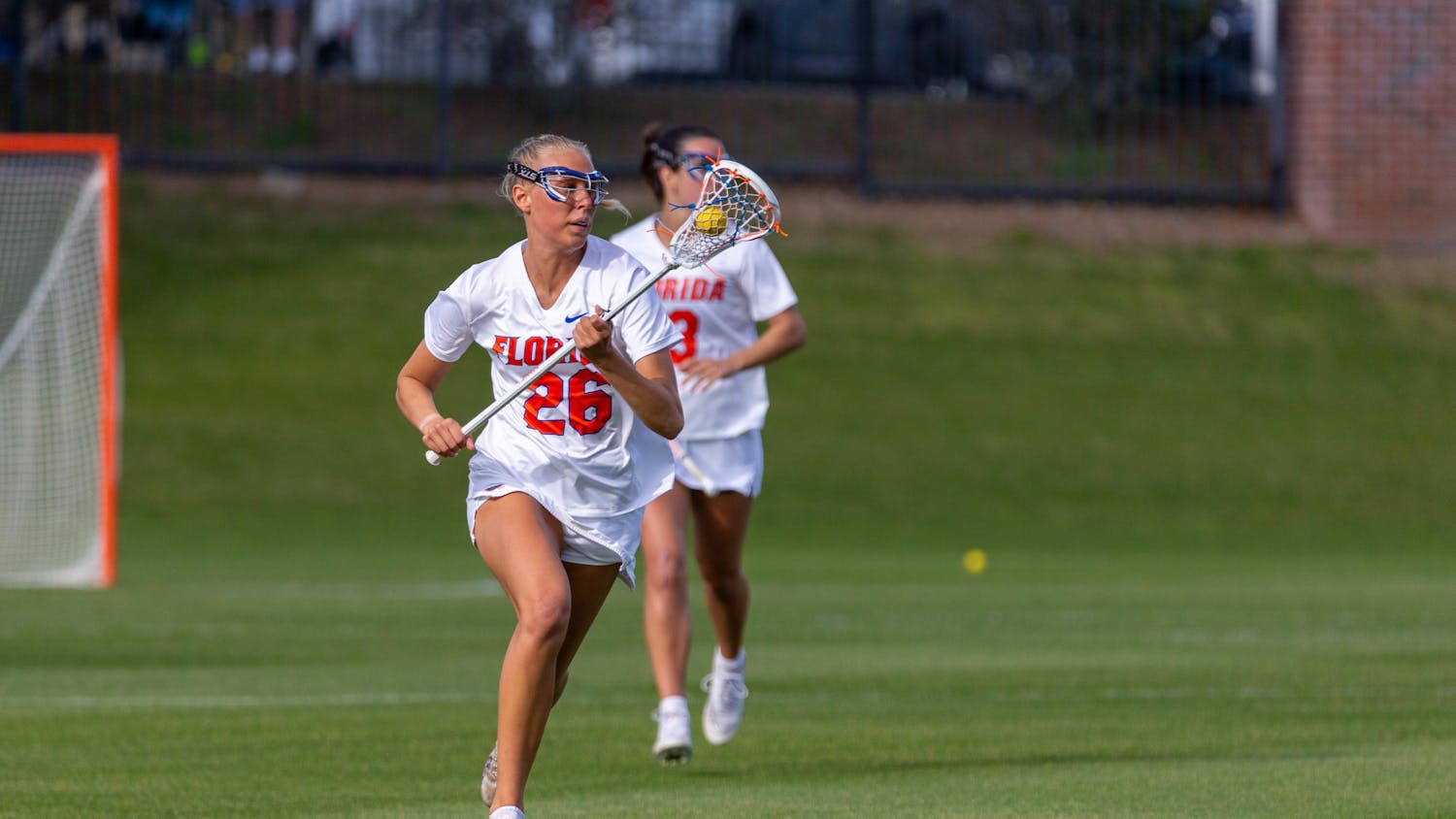 Freshman defender Ashley Dyer takes the ball away from Florida’s net
during the Gators’ 21-4 win against the Jacksonville Dolphins, Wednesday, Feb. 28, 2024. 