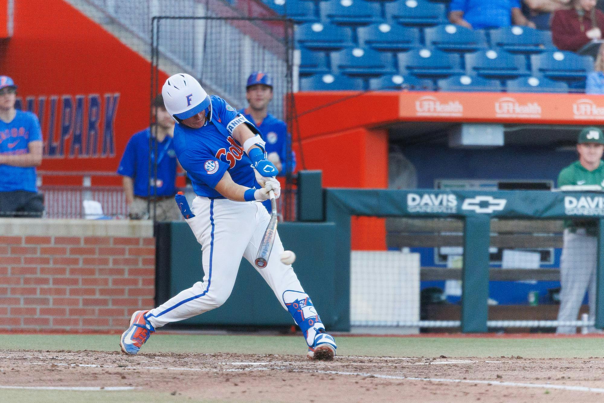 Florida catcher Cole Stanford (29) hits the ball during an NCAA baseball game against Jacksonville University, Tuesday, March 31, 2026, in Gainesville, Fla.