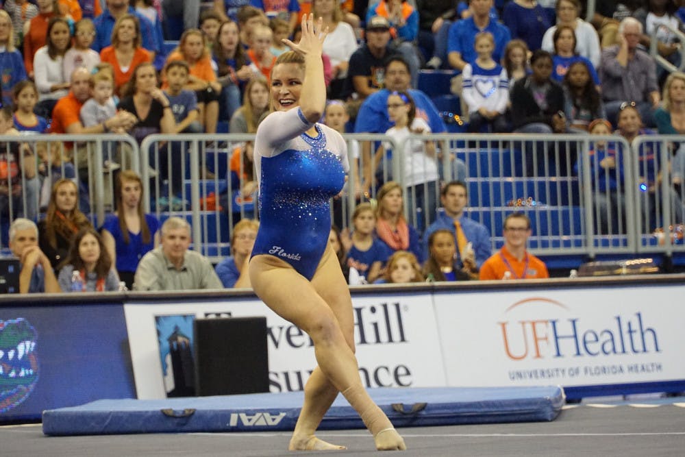 UF's Bridget Sloan performs her floor exercise routine during Florida's win against UCLA on Jan. 15, 2016, in the O'Connell Center.