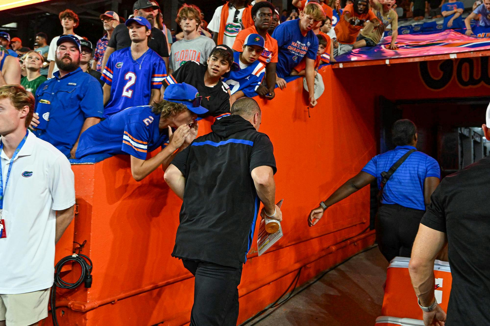 Florida Gators head coach Billy Napier runs off the field after a loss in a football game between the South Florida Bulls and the Florida Gators on Sept. 6, 2025, at Ben Hill Griffin Stadium in Gainesville, Fla.