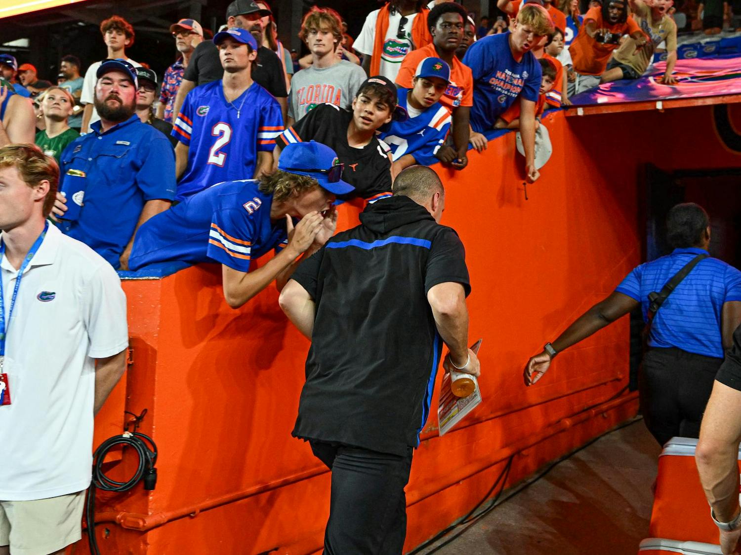 Florida Gators head coach Billy Napier runs off the field after a loss in a football game between the South Florida Bulls and the Florida Gators on Sept. 6, 2025, at Ben Hill Griffin Stadium in Gainesville, Fla.