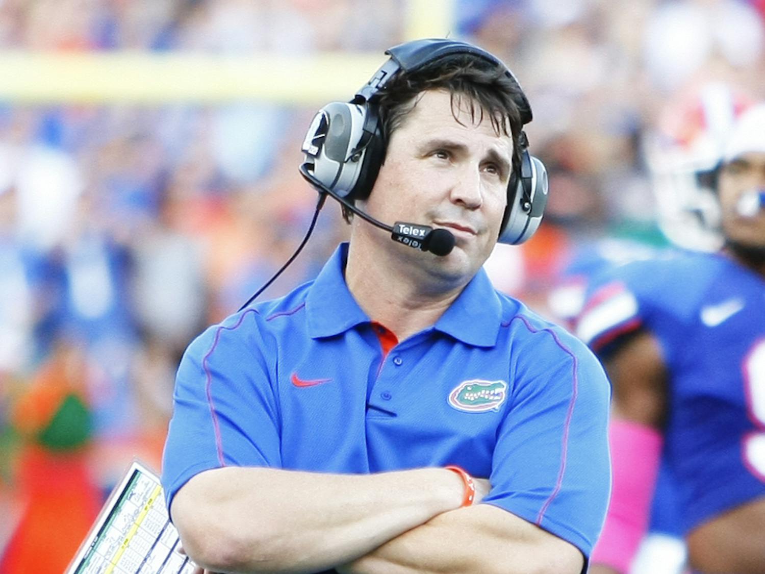 Coach Will Muschamp reacts to a replay on the Jumbotron during Florida’s 14-6 victory against LSU on Saturday at Ben Hill Griffin Stadium. Muschamp and the Gators are attempting to go 6-0 for just the eighth time in school history.