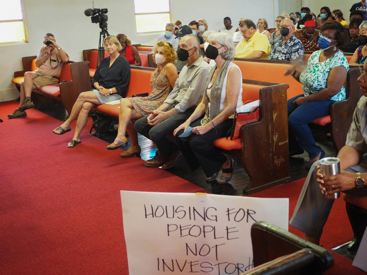Gainesville residents attend the Shady Grove Primitive Baptist Church to voice concerns about the city’s plan to eliminate exclusionary zoning Wednesday, Aug. 3, 2021. 