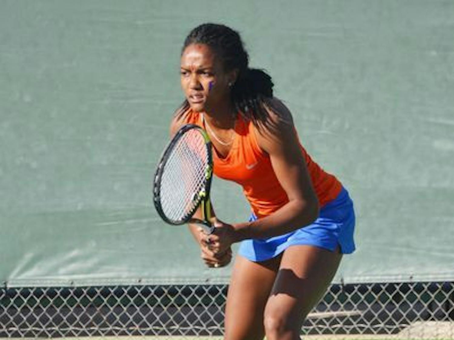 Brianna Morgan awaits a serve during Florida's 4-0 win against Maryland on Jan. 25 at the Ring Tennis Complex.&nbsp;Morgan defeated Georgia Tech's Kendal Woodard, 6-2, 6-3 at the No. 3 position on Saturday to help the Gators advance to the NCAA Tournament Round of 16.&nbsp;
