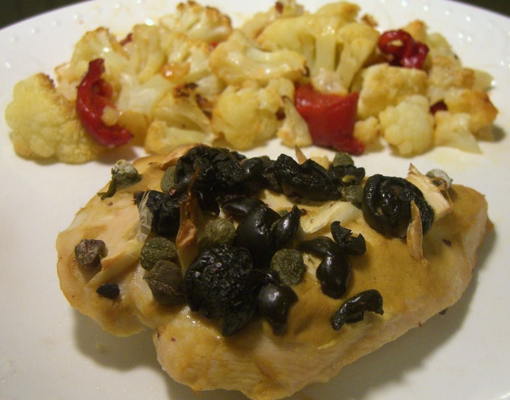 Dijon-Olive Chicken and Cauliflower with Red Peppers