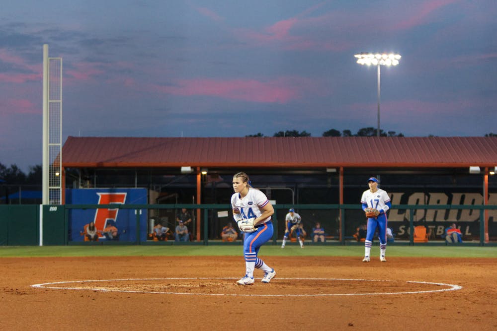 Florida pitcher Rylee Trlicek prepares to pitch the ball in the Gators' 11-0 win against the Jacksonville Dolphins Wednesday, Feb. 15, 2023.