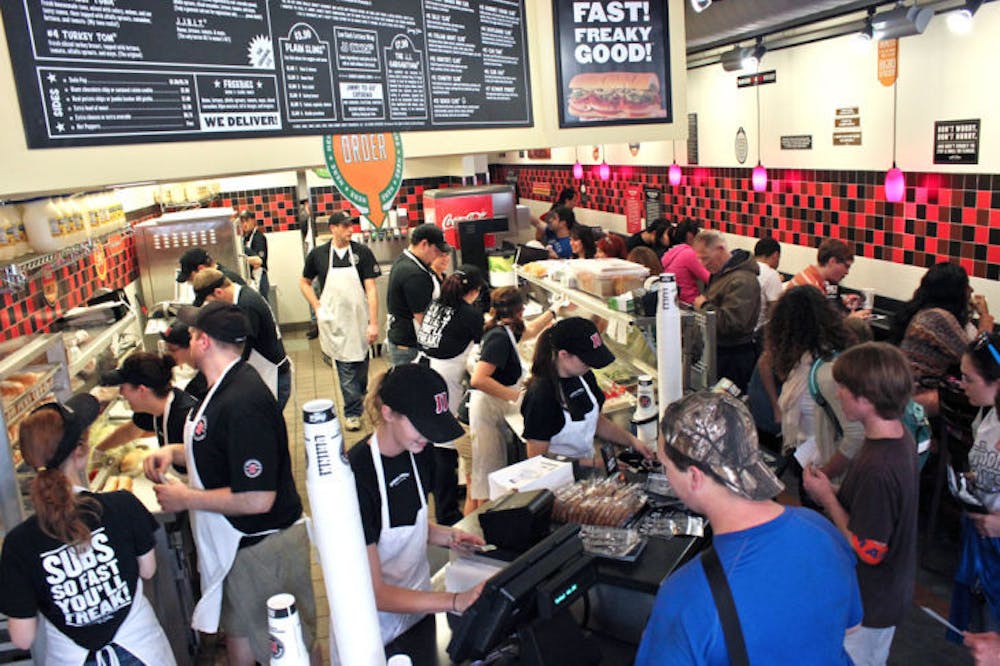 <p>The Jimmy John's on University Avenue experienced a line that stretched far past its entrance Thursday for Customer Appreciation Day.&nbsp;</p>
