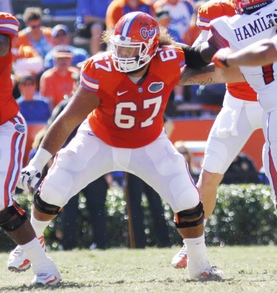 Offensive lineman Jon Halapio blocks during Florida’s 27-20 win against Louisiana on Nov. 10 at Ben Hill Griffin Stadium.