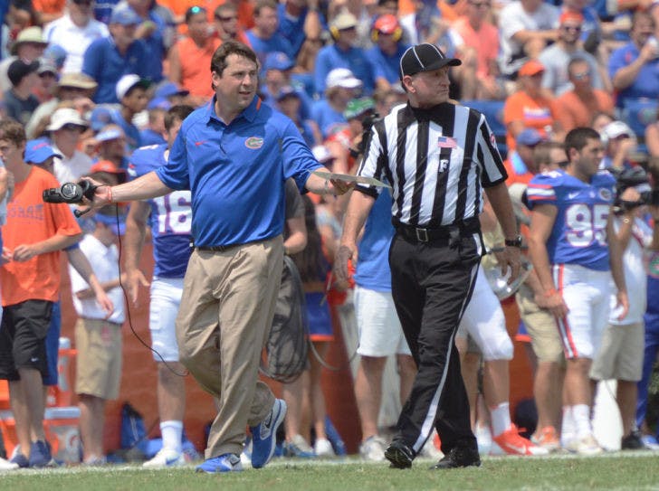 Will Muschamp reacts to a call during Florida’s 24-6 victory against Toledo on Saturday in Ben Hill Griffin Stadium. The Gators were flagged 10 times for 70 yards in their season opener after averaging 8.1 penalties for 68.9 yards per game during the 2012 season.