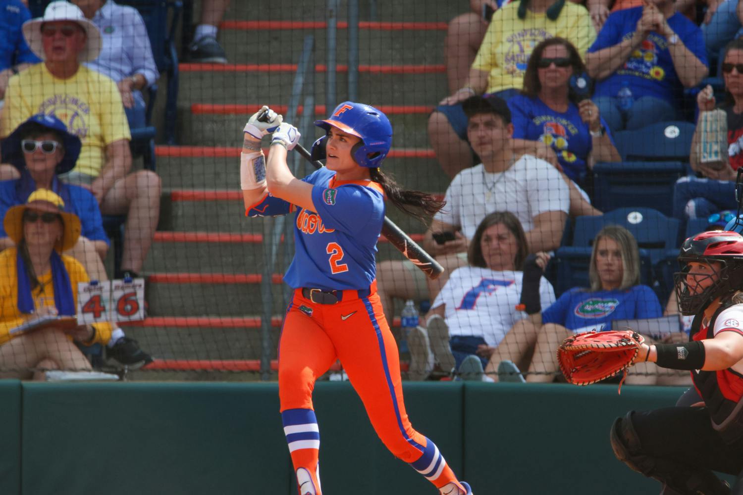 Florida infielder Avery Goelz finishes her swing in the Gators' 8-7 win against the Georgia Bulldogs Saturday, April 15, 2023