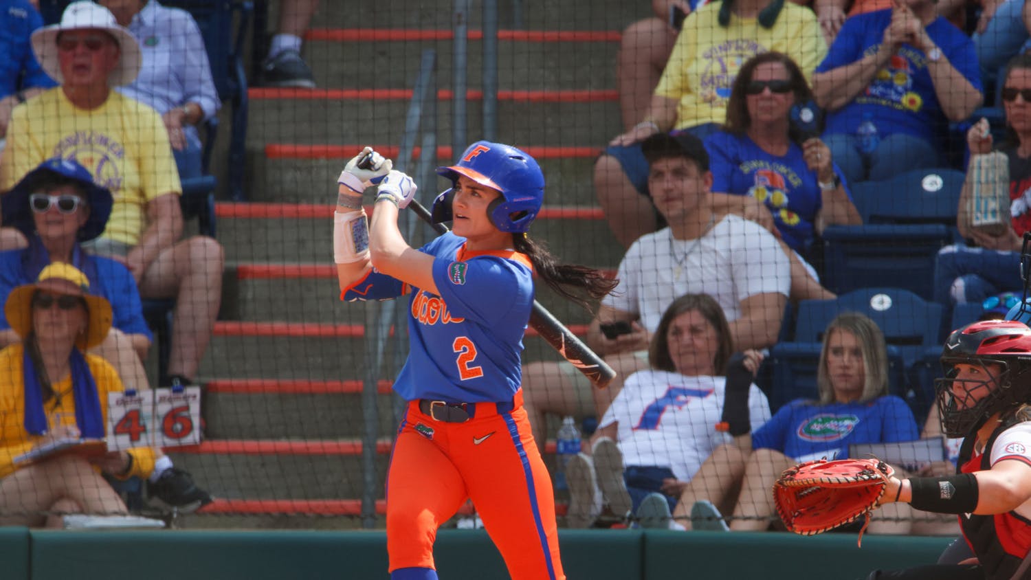 Florida infielder Avery Goelz finishes her swing in the Gators' 8-7 win against the Georgia Bulldogs Saturday, April 15, 2023