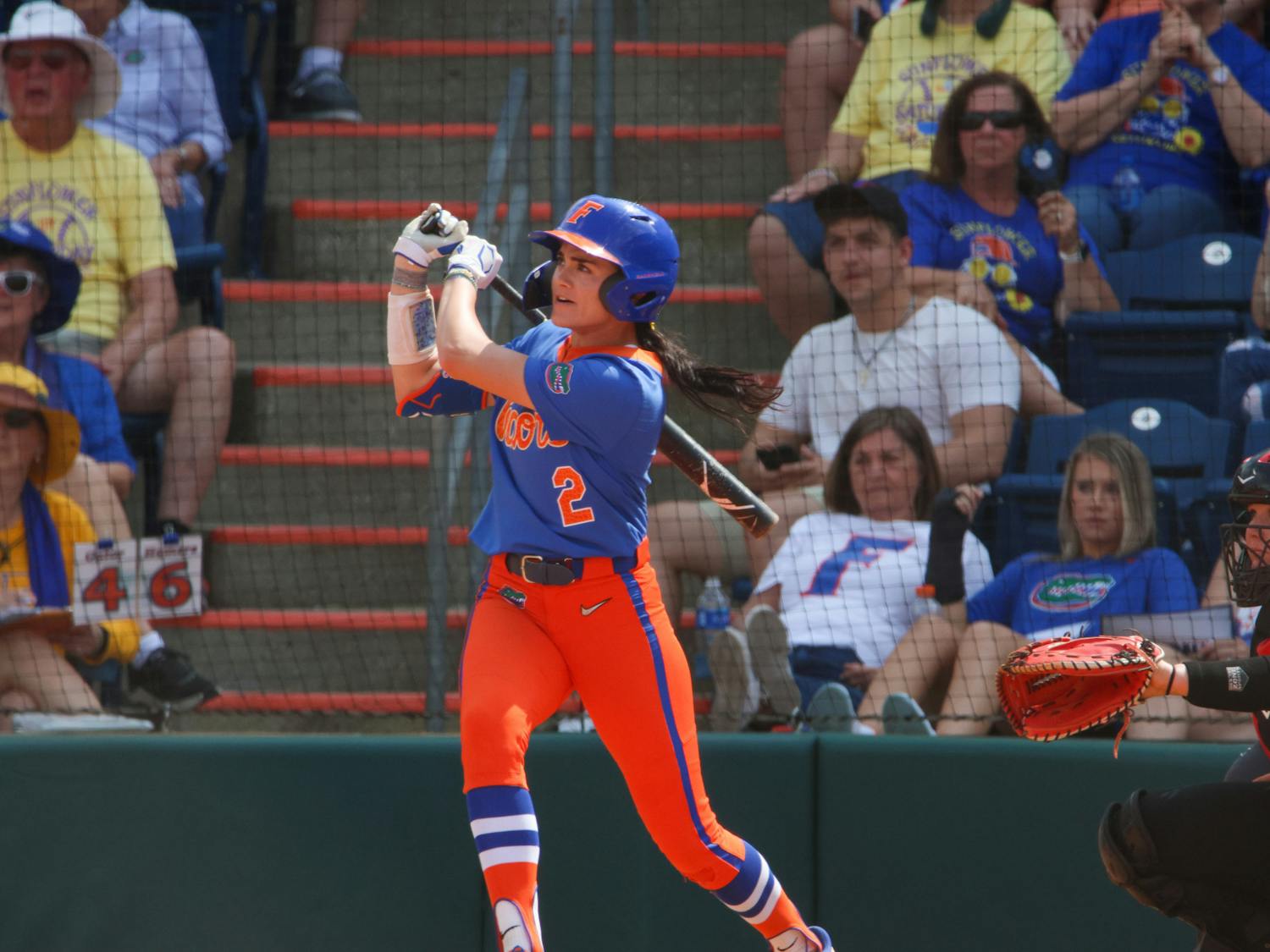 Florida infielder Avery Goelz finishes her swing in the Gators' 8-7 win against the Georgia Bulldogs Saturday, April 15, 2023