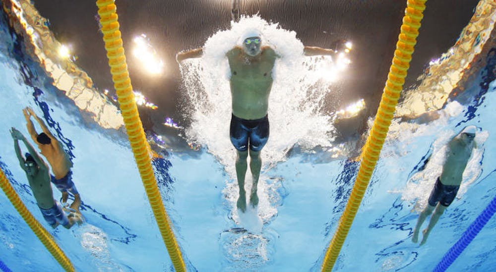 <p>Ryan Lochte competes in a 400-meter individual medley during the 2012 Summer Olympics in London on July 28, 2012. Lochte won silver in the 4x100 freestyle at the FINA World Championships on Sunday.</p>