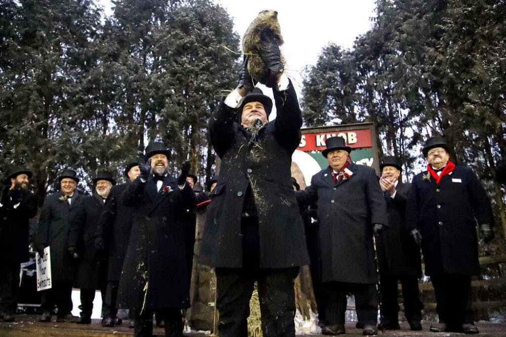 Groundhog Club co-handler John Griffiths, center, holds Punxsutawney Phil, the weather prognosticating groundhog, during the 133rd celebration of Groundhog Day on Gobbler's Knob in Punxsutawney, Pa. Saturday, Feb. 2, 2019. Phil's handlers said that the groundhog has forecast an early spring. (AP Photo/Gene J. Puskar)