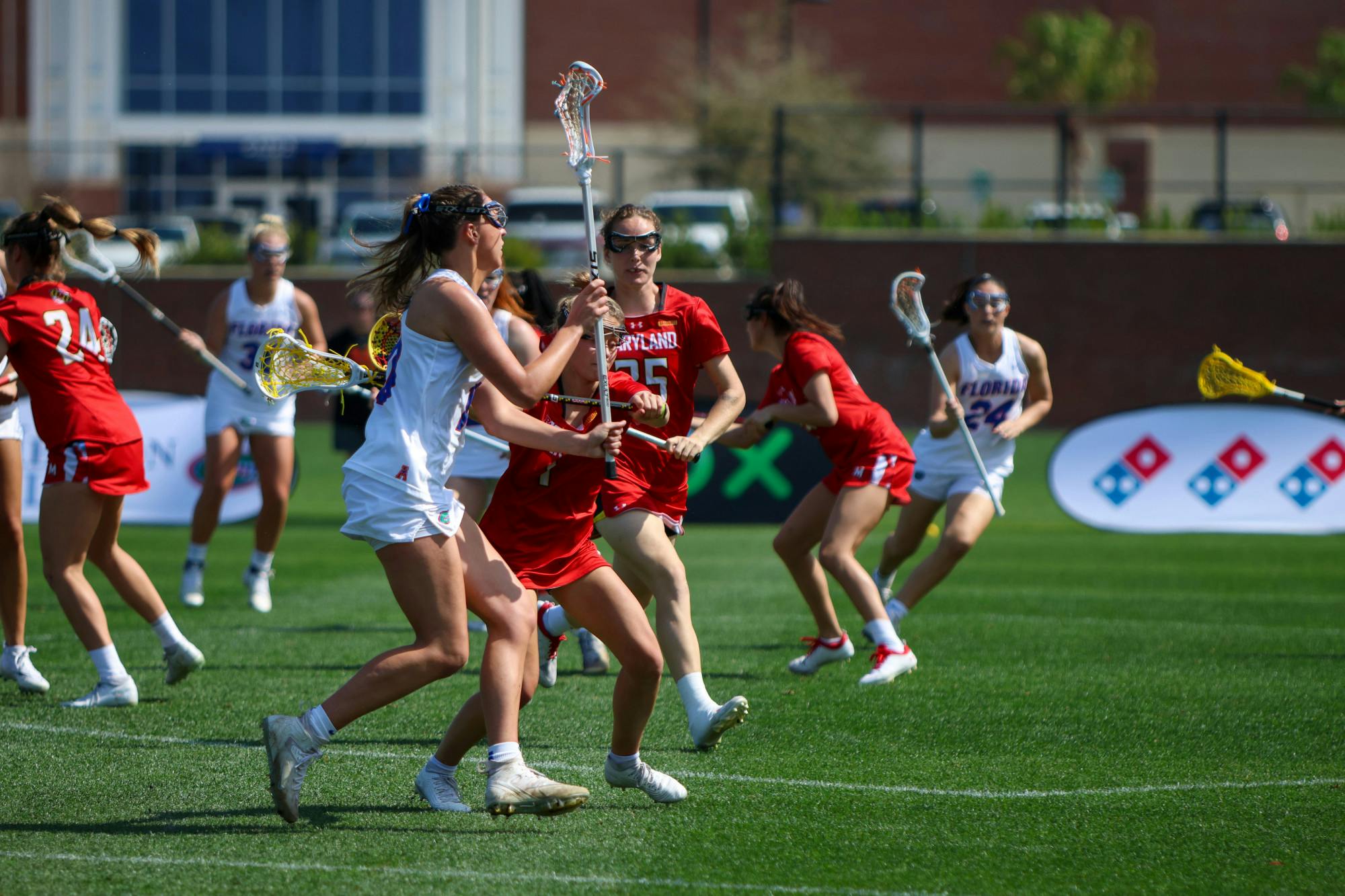 Florida attacker Danielle Pavinelli looks for a pass during the Gators' 14-13 loss to the No. 6 Maryland Terrapins Saturday, Feb. 25, 2023.
