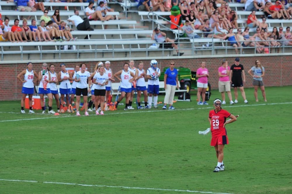 <p>&nbsp;Former Florida midfielder Janine Hillier, who transferred to Stony Brook in the offseason, stands by herself during the Gators' 17-4 win over the Seawolves on Wednesday. Hillier was held scoreless.</p>