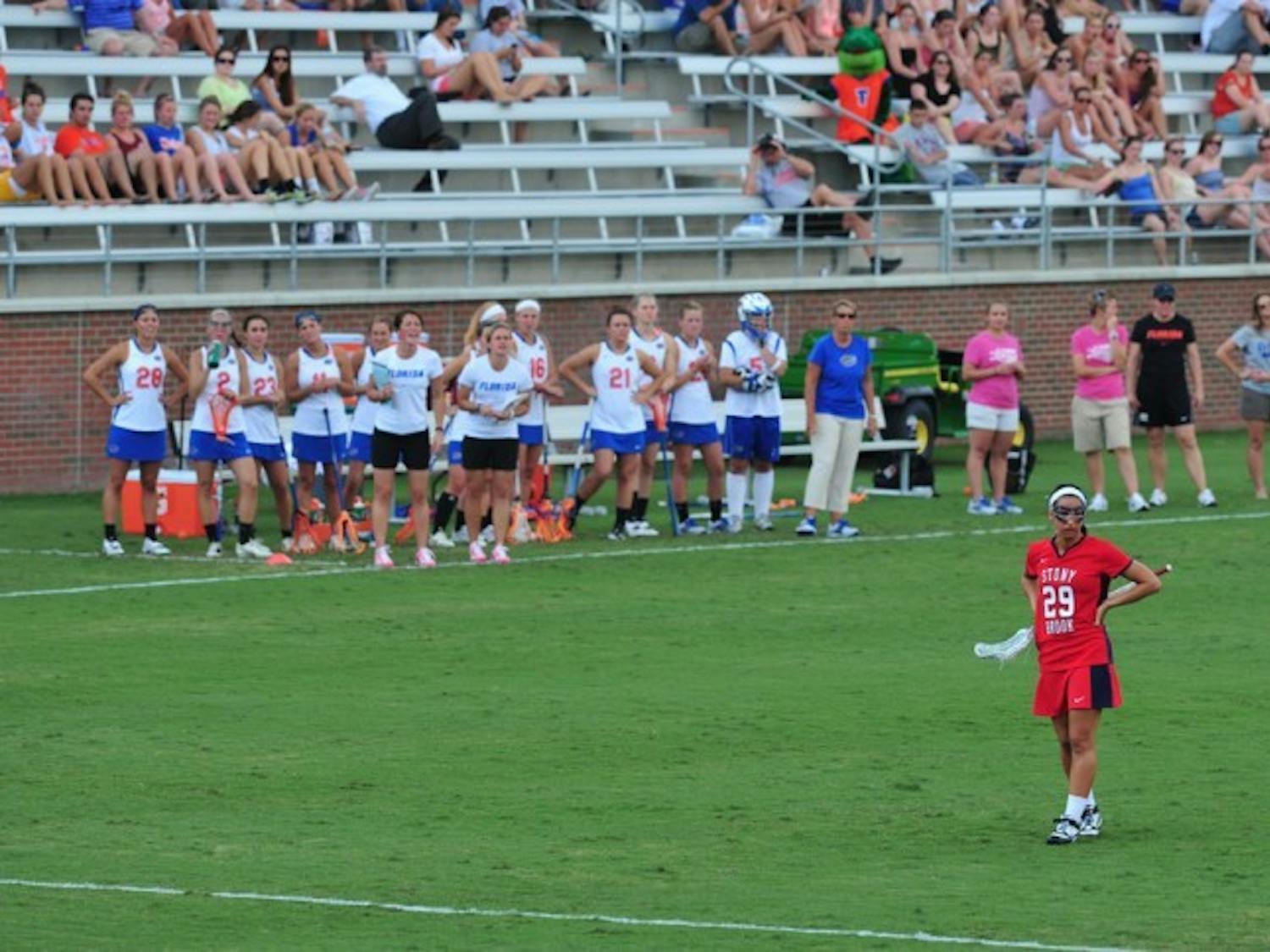  Former Florida midfielder Janine Hillier, who transferred to Stony Brook in the offseason, stands by herself during the Gators' 17-4 win over the Seawolves on Wednesday. Hillier was held scoreless.