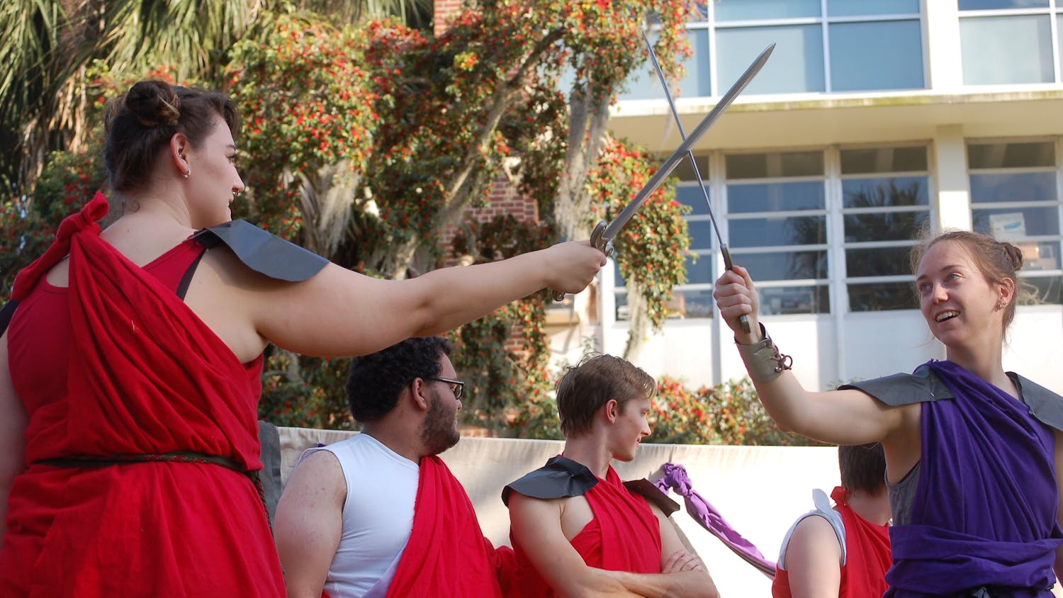 Members of UF’s Shakespeare in the Park practice for their upcoming production of Troilus and Cressida. The free play is being put on Thursday to Sunday on the North Lawn.