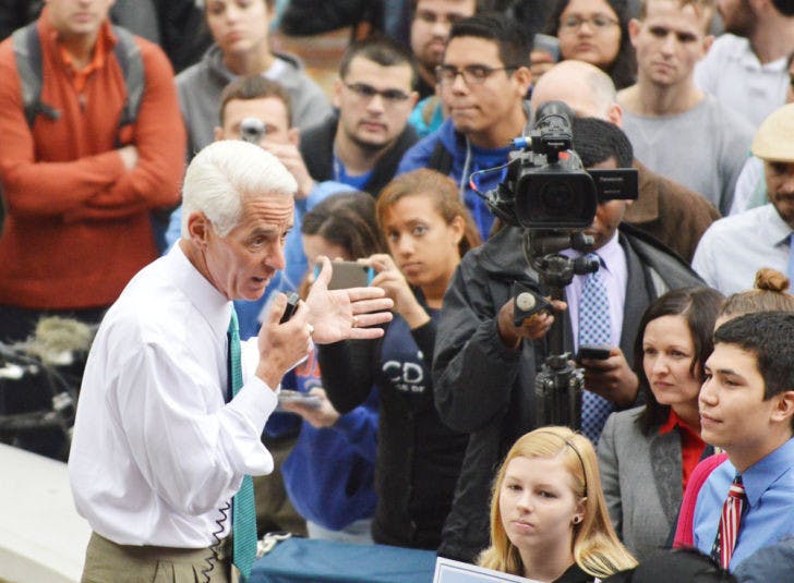 Former Florida Gov. Charlie Crist spoke to UF students Wednesday on Turlington Plaza about his support of the Reitz Union as an early voting center.