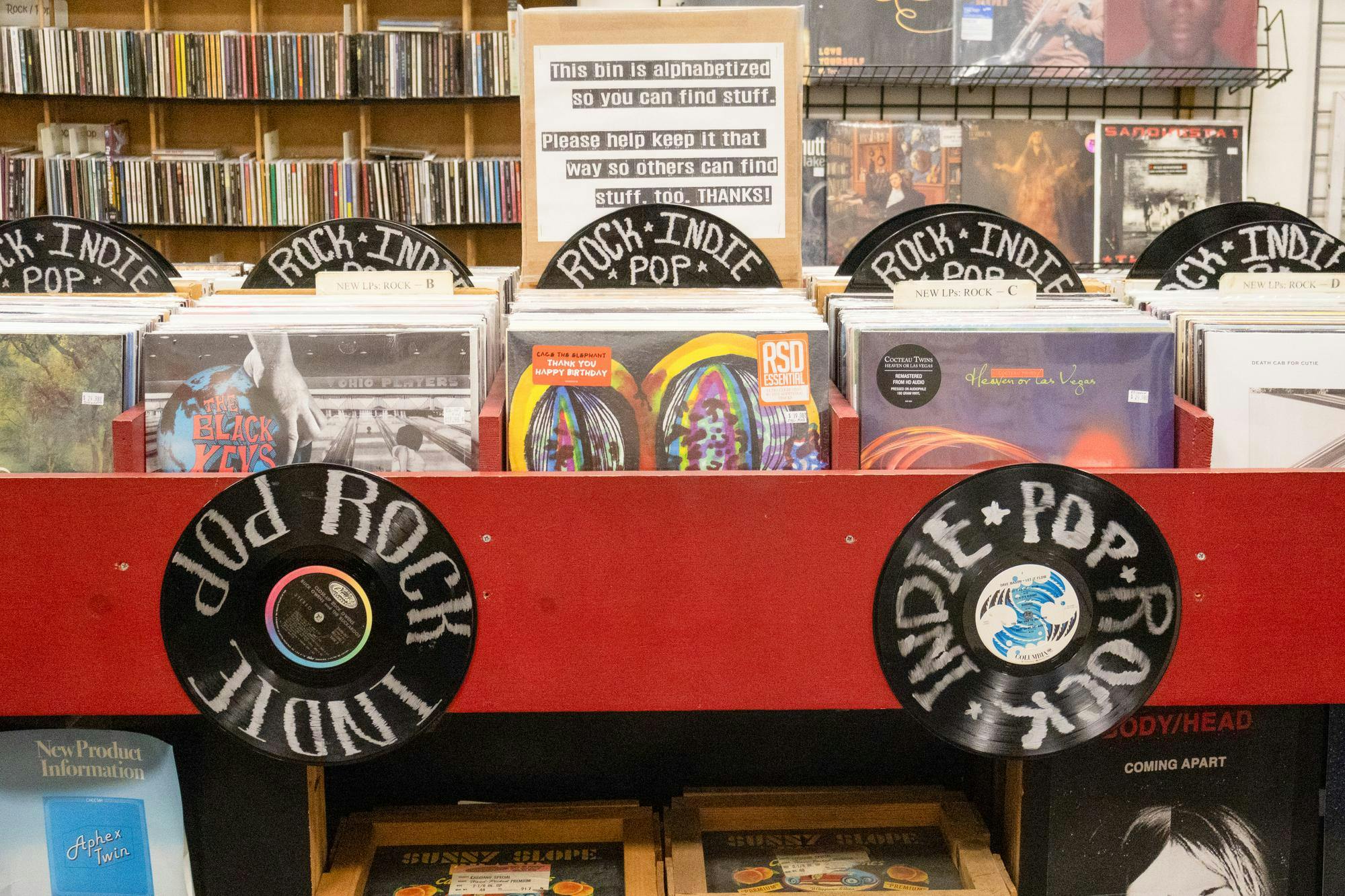 Rock records on display at Hear Again Records, Wednesday, Aug. 26, 2026, in Gainesville, Fla.