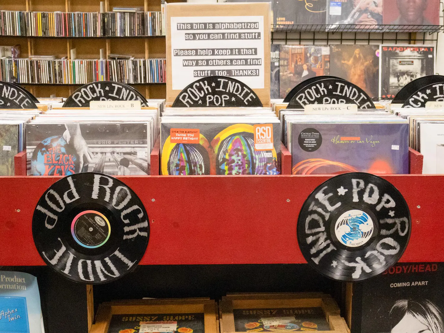 Rock records on display at Hear Again Records, Wednesday, Aug. 26, 2026, in Gainesville, Fla.