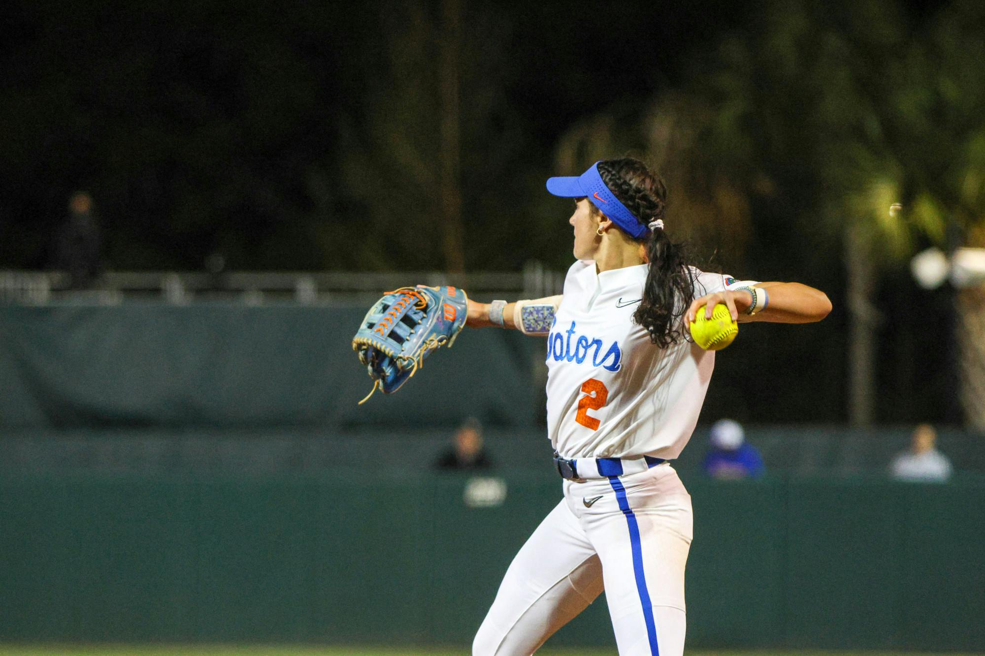 Florida infielder Avery Goelz throws the ball in the Gators' 3-0 win against the Central Florida Knights Wednesday, March 8, 2023