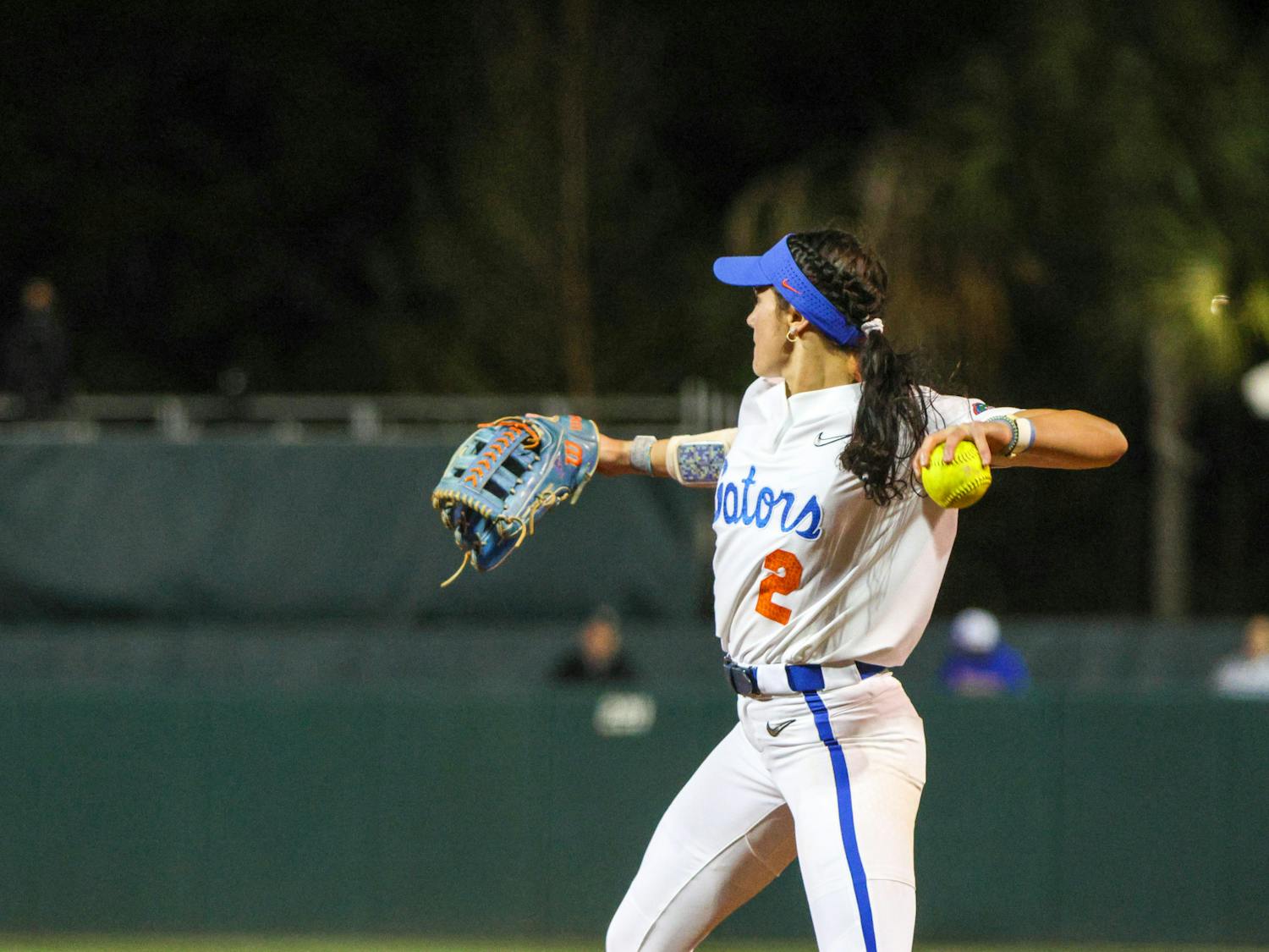 Florida infielder Avery Goelz throws the ball in the Gators' 3-0 win against the Central Florida Knights Wednesday, March 8, 2023