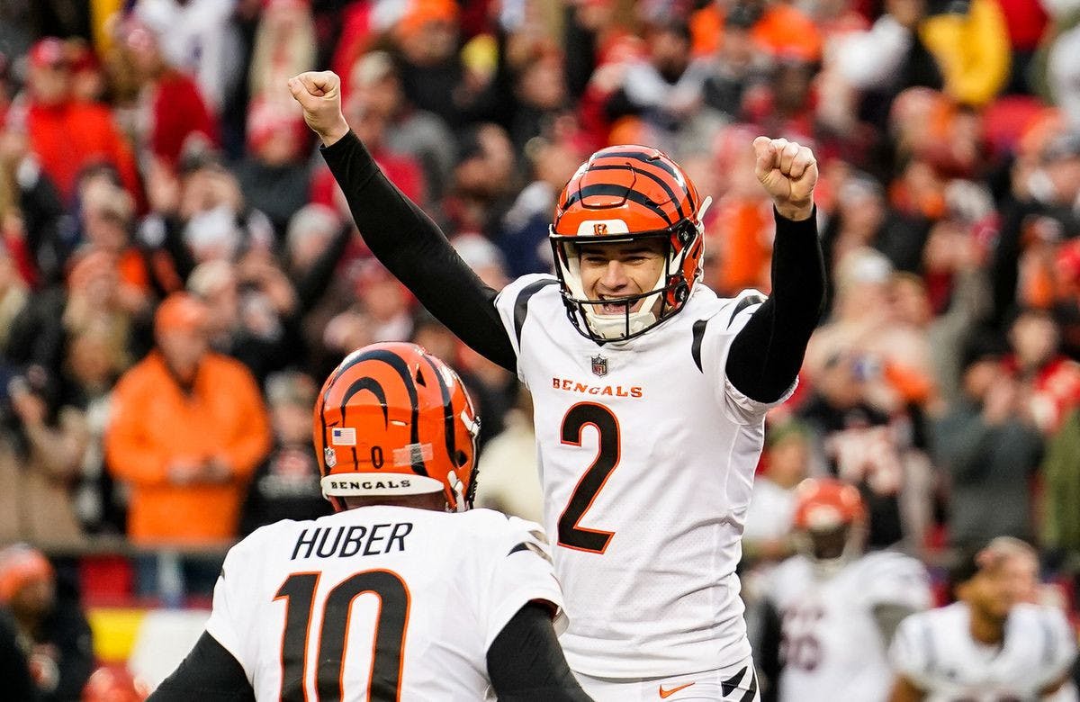 Cincinnati kicker Evan McPherson (2) celebrates his game-winning field goal against the Kansas City Chiefs in overtime Jan. 30. 