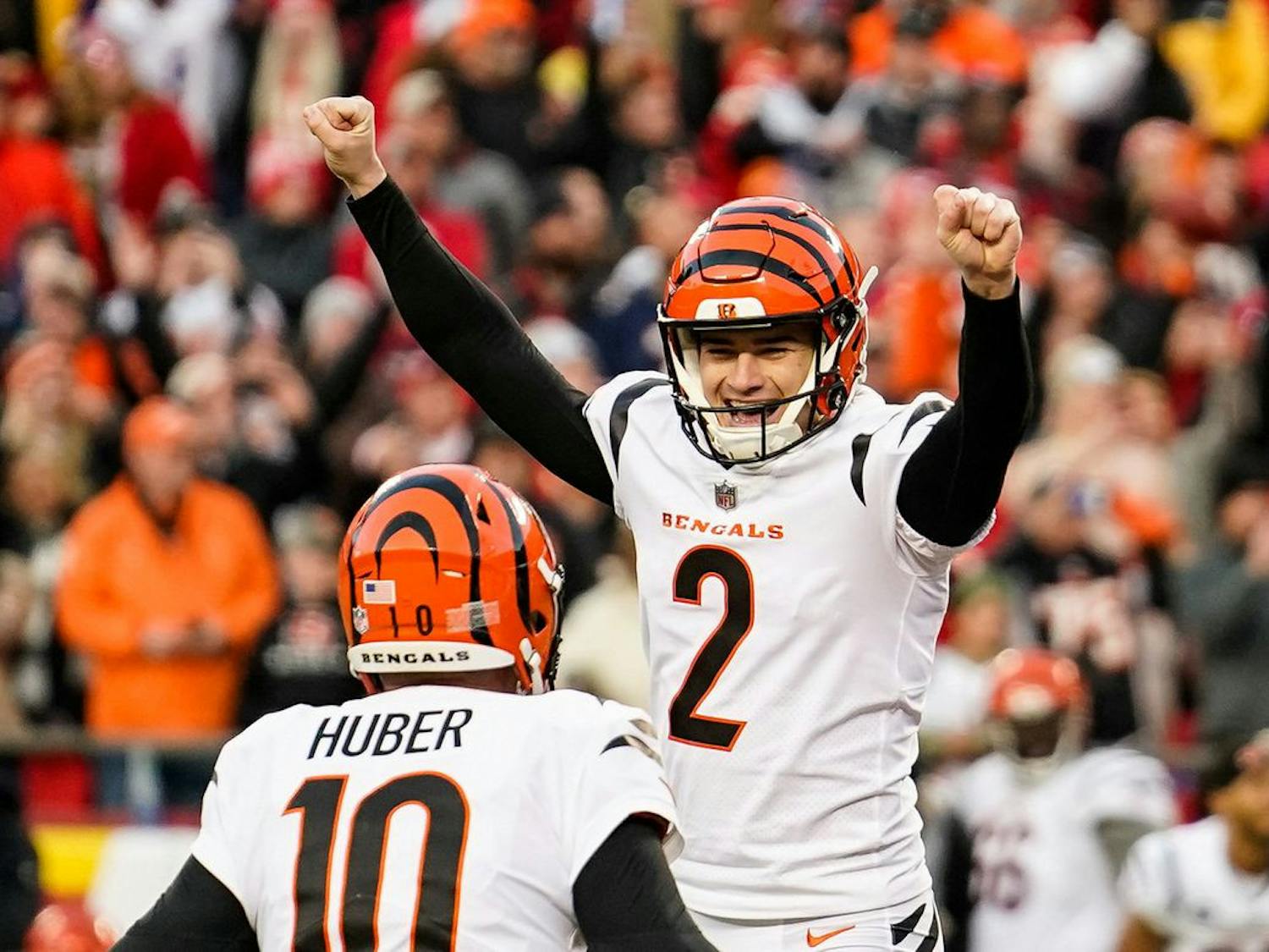 Cincinnati kicker Evan McPherson (2) celebrates his game-winning field goal against the Kansas City Chiefs in overtime Jan. 30.