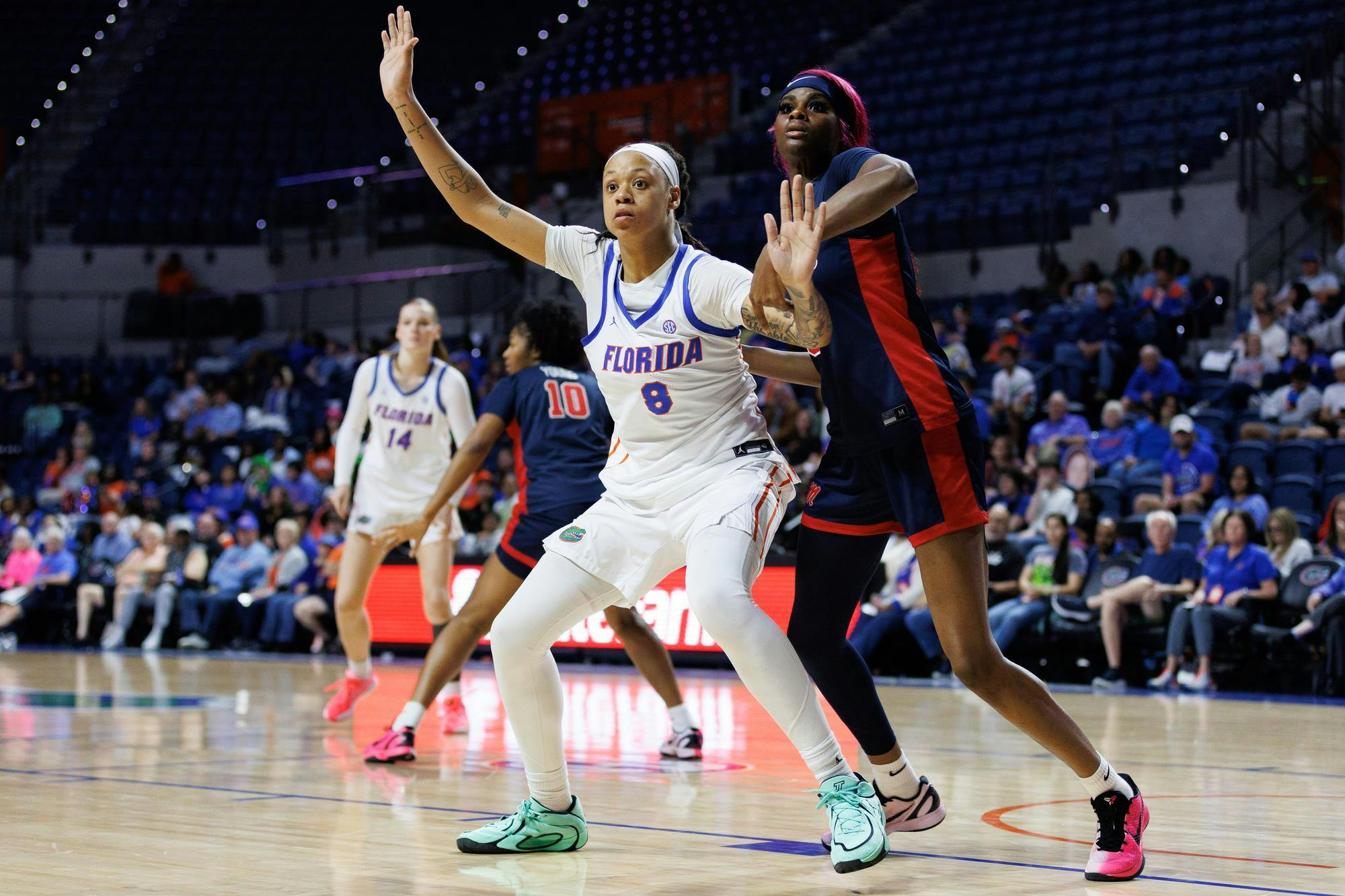 Florida forward Me'Arah O'Neal (8) tries to get open for an inbounding during the second quarter of an NCAA basketball game against Ole Miss, Thursday, Feb.26, 2026, in Gainesville, Fla.