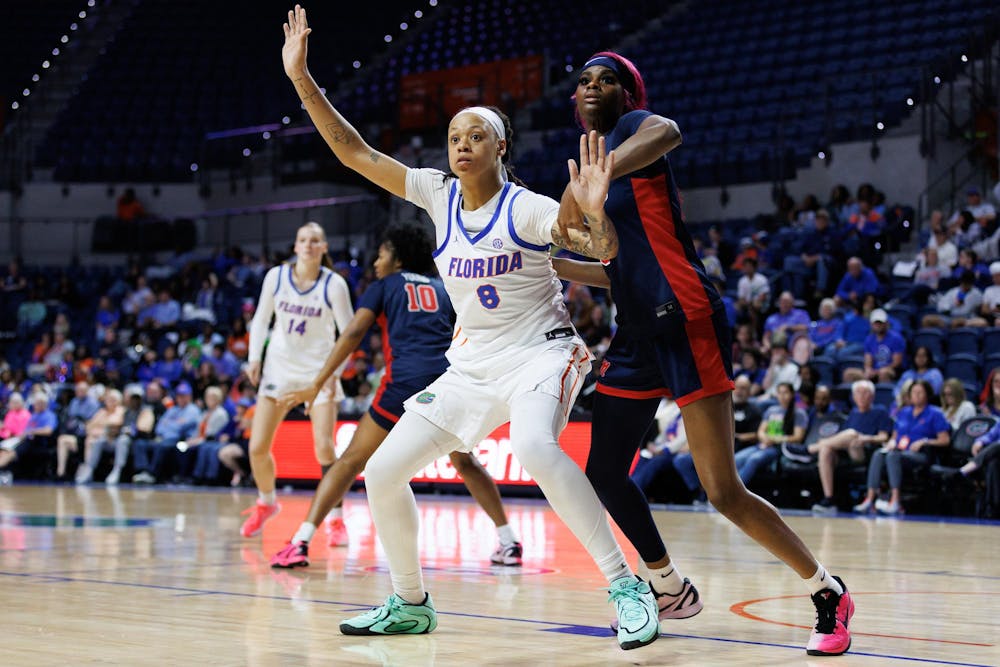 Florida forward Me'Arah O'Neal (8) tries to get open for an inbounding during the second quarter of an NCAA basketball game against Ole Miss, Thursday, Feb.26, 2026, in Gainesville, Fla.