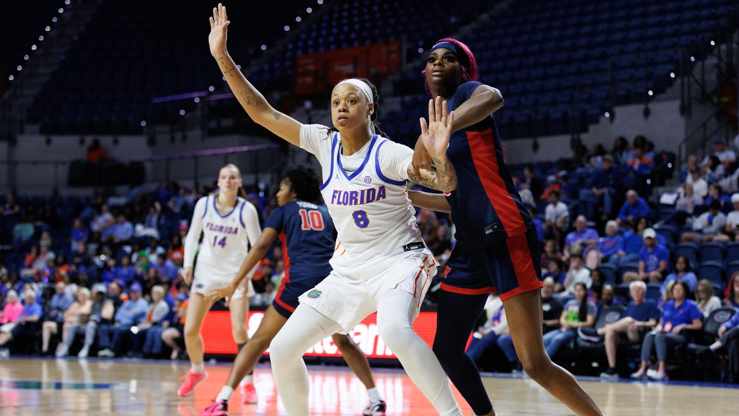 Florida forward Me'Arah O'Neal (8) tries to get open for an inbounding during the second quarter of an NCAA basketball game against Ole Miss, Thursday, Feb.26, 2026, in Gainesville, Fla.
