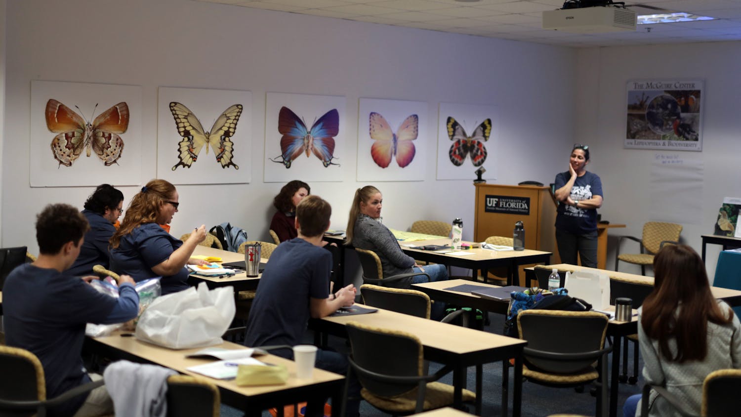Alachua County and UF student teachers sit during a discussion held by Stephanie Killingsworth on the second day of the Chewing on Change professional workshop at the Florida Museum of Natural History Sunday, Oct. 23, 2022.