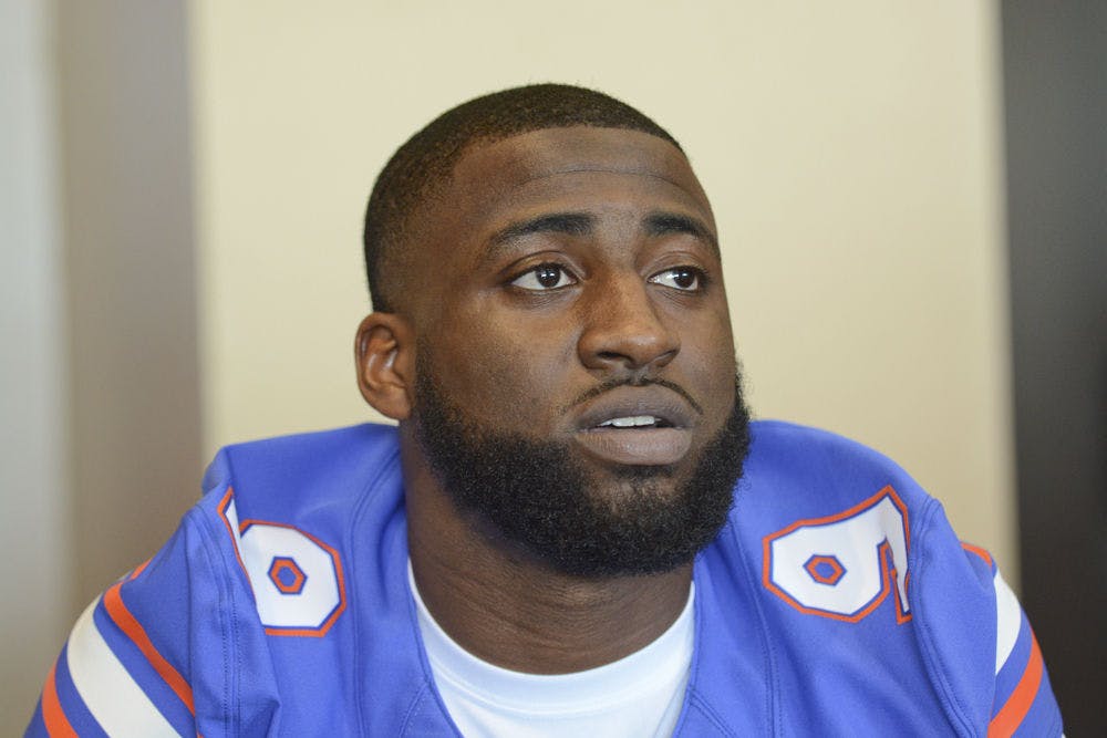 <p>UF wide receiver Latroy Pittman speaks at UF's Media Day on Aug. 5, 2015, at Touchdown Terrace in Ben Hill Griffin Stadium.</p>