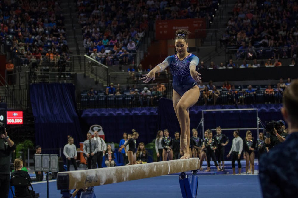 Junior gymnast Amelia Hundley scored a 9.925 on beam, UF’s highest total in the event, against Georgia on Feb. 22 at the O’Connell Center. 